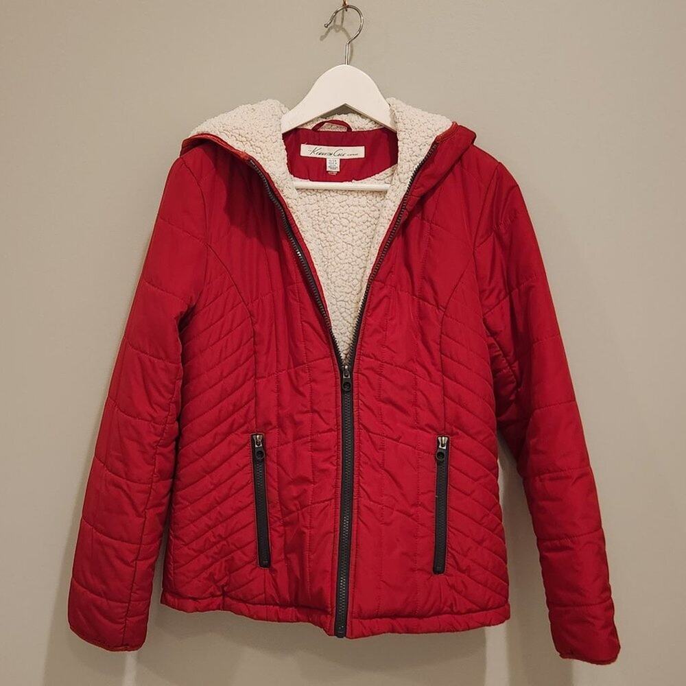 Kenneth Cole New York Puffer Coat Red Fleece Lined Hood Fall Winter - Size S